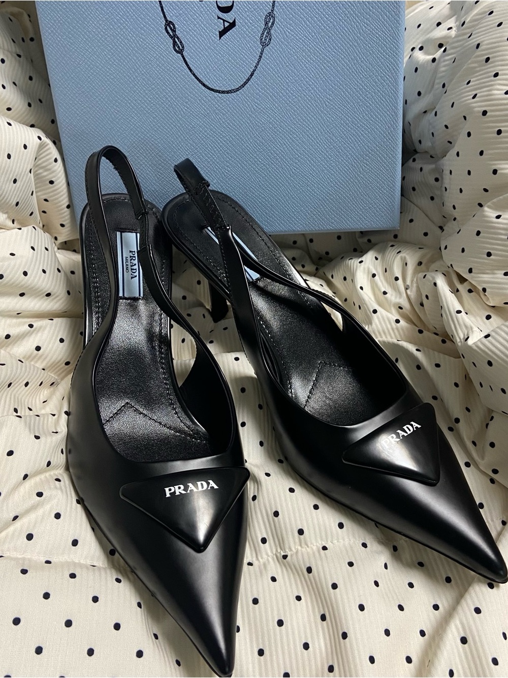Prada Black Pointed Slingback Pumps with Logo Plaque